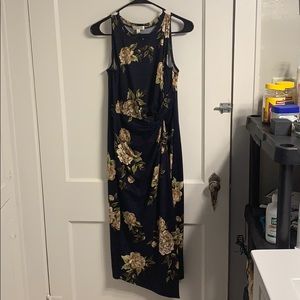 Navy flowered dress.